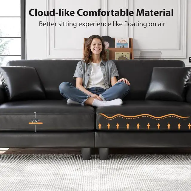 Alt view image 3 of 7 - 83" Couch Premium PU Leather Sofa, Comfy Extra Deep Seat 3 Seater Couch for Living Room, Oversized Loveseat with 2 Pillows, Black