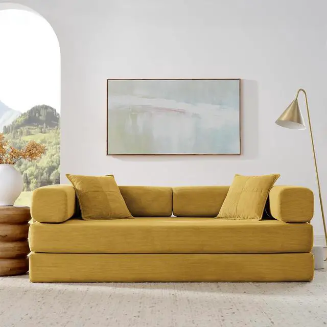 Alt view image 6 of 7 - 4-in-1 Folding Convertible Sofa Bed, 78 Inch Boneless Couch with Fixed-Shape Frame, Corduroy Loveseat Sleeper with Pull Out Bed, Floor Sofa Modular Futon Couch for Living Room Bedroom Lounge (Yellow)
