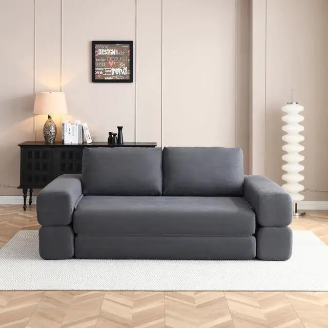 Main image of 81 Convertible Sleeper Sofa Bed, High Back Plush Corduroy Boneless Futon Loveseat with Pull Out Bed, Folding Floor Mattress Couch, No Assembly Required (Gray)