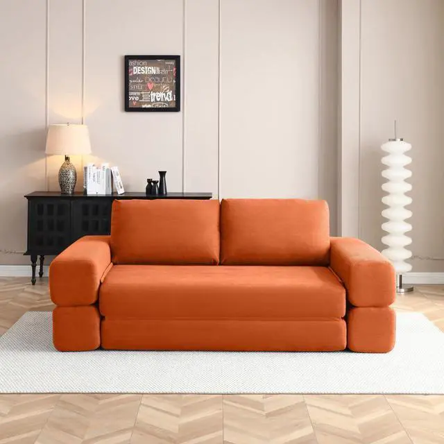 Main image of 81 Convertible Sleeper Sofa Bed, High Back Plush Corduroy Boneless Futon Loveseat with Pull Out Bed, Folding Floor Mattress Couch, No Assembly Required (Orange)