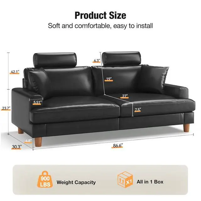 Alt view image 2 of 7 - 87" Sofa Premium PU Leather Couch with Headrest, Comfy 27" Extra Deep Seat 3 Seater Sofa for Living Room, Includes 2 Pillows, Black