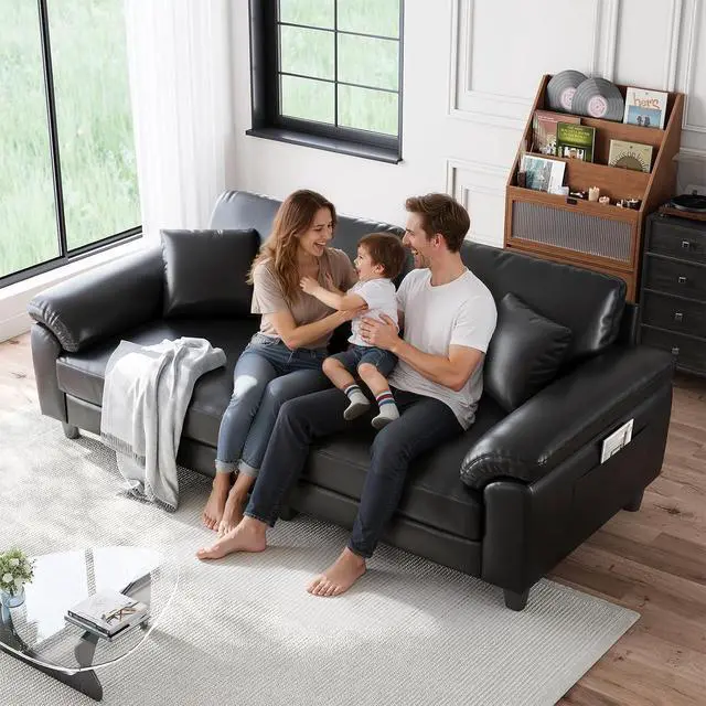 Alt view image 7 of 7 - 83" Couch Premium PU Leather Sofa, Comfy Extra Deep Seat 3 Seater Couch for Living Room, Oversized Loveseat with 2 Pillows, Black