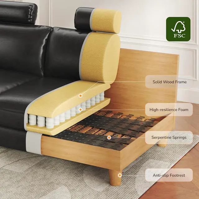 Alt view image 4 of 7 - 87" Sofa Premium PU Leather Couch with Headrest, Comfy 27" Extra Deep Seat 3 Seater Sofa for Living Room, Includes 2 Pillows, Black