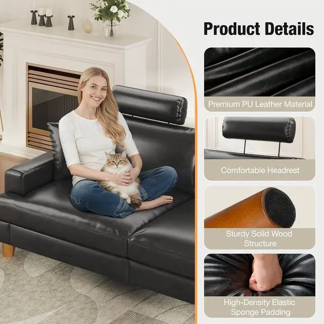 Alt view image 7 of 7 - 87" Sofa Premium PU Leather Couch with Headrest, Comfy 27" Extra Deep Seat 3 Seater Sofa for Living Room, Includes 2 Pillows, Black