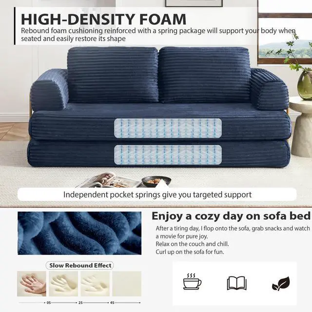 Alt view image 3 of 7 - 80 Convertible Sleeper Sofa Bed, High Back Plush Corduroy Boneless Futon Loveseat with Pull Out Bed, Fixed-Shape Folding Floor Mattress Couch, No Assembly Required (Blue)