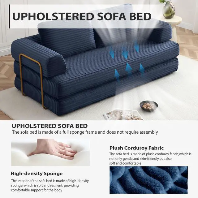 Alt view image 4 of 7 - 80 Convertible Sleeper Sofa Bed, High Back Plush Corduroy Boneless Futon Loveseat with Pull Out Bed, Fixed-Shape Folding Floor Mattress Couch, No Assembly Required (Blue)