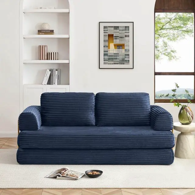 Alt view image 5 of 7 - 80 Convertible Sleeper Sofa Bed, High Back Plush Corduroy Boneless Futon Loveseat with Pull Out Bed, Fixed-Shape Folding Floor Mattress Couch, No Assembly Required (Blue)
