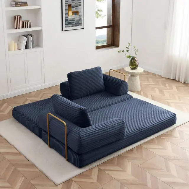 Alt view image 7 of 7 - 80 Convertible Sleeper Sofa Bed, High Back Plush Corduroy Boneless Futon Loveseat with Pull Out Bed, Fixed-Shape Folding Floor Mattress Couch, No Assembly Required (Blue)