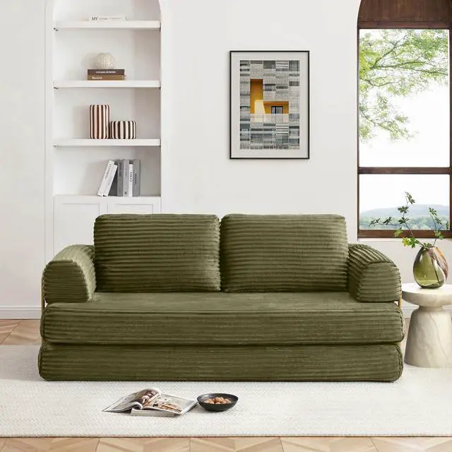 Alt view image 2 of 7 - 80 Convertible Sleeper Sofa Bed, High Back Plush Corduroy Boneless Futon Loveseat with Pull Out Bed, Fixed-Shape Folding Floor Mattress Couch, No Assembly Required (Green)