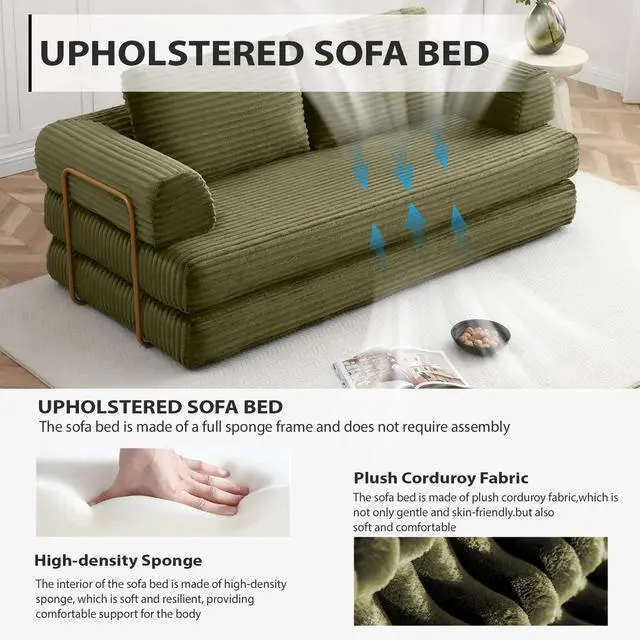 Alt view image 4 of 7 - 80 Convertible Sleeper Sofa Bed, High Back Plush Corduroy Boneless Futon Loveseat with Pull Out Bed, Fixed-Shape Folding Floor Mattress Couch, No Assembly Required (Green)