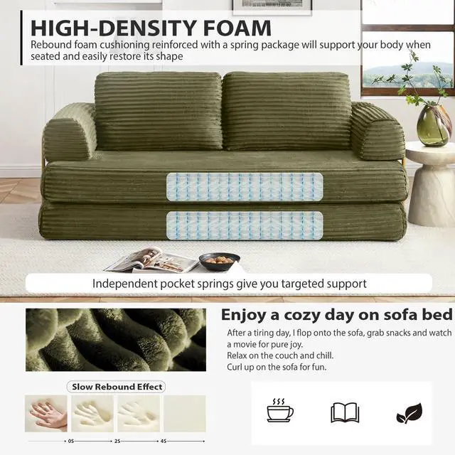 Alt view image 5 of 7 - 80 Convertible Sleeper Sofa Bed, High Back Plush Corduroy Boneless Futon Loveseat with Pull Out Bed, Fixed-Shape Folding Floor Mattress Couch, No Assembly Required (Green)