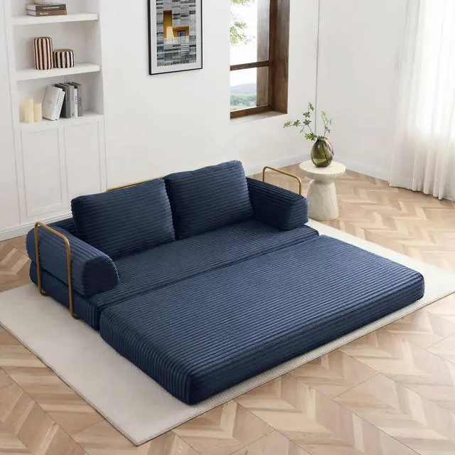 Alt view image 6 of 7 - 80 Convertible Sleeper Sofa Bed, High Back Plush Corduroy Boneless Futon Loveseat with Pull Out Bed, Fixed-Shape Folding Floor Mattress Couch, No Assembly Required (Blue)
