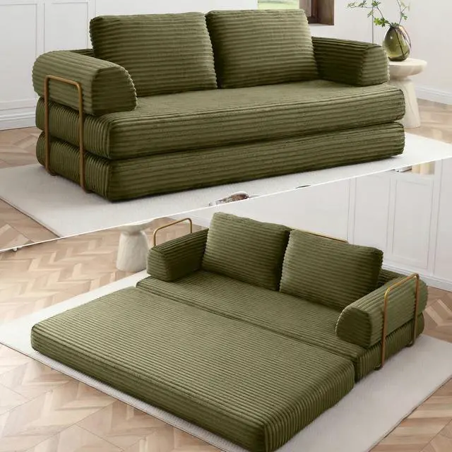 Main image of 80 Convertible Sleeper Sofa Bed, High Back Plush Corduroy Boneless Futon Loveseat with Pull Out Bed, Fixed-Shape Folding Floor Mattress Couch, No Assembly Required (Green)
