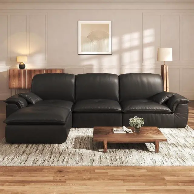 Alt view image 2 of 7 - Sectional Sofa, 110" L-Shaped Deep Seat Couch, Modular Sofa with Back Cushion for Living Room, PU Leather Boneless Sofa, No Assembly Required, Black