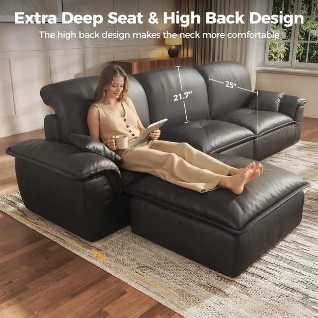 Alt view image 3 of 7 - Sectional Sofa, 110" L-Shaped Deep Seat Couch, Modular Sofa with Back Cushion for Living Room, PU Leather Boneless Sofa, No Assembly Required, Black