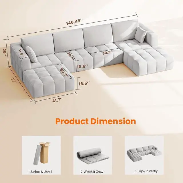 Alt view image 3 of 7 - 146" Oversized U-Shaped Modular Cloud Sectional Sofa for Living Room, No Assembly, White