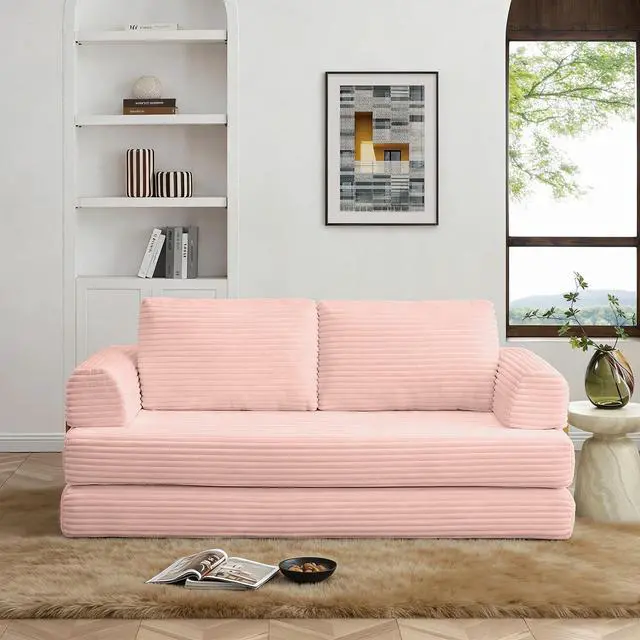 Alt view image 2 of 7 - 80 Convertible Sleeper Sofa Bed, High Back Plush Corduroy Boneless Futon Loveseat with Pull Out Bed, Fixed-Shape Folding Floor Mattress Couch, No Assembly Required (Pink)