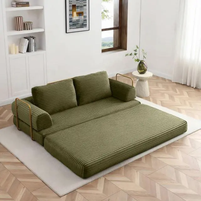 Alt view image 6 of 7 - 80 Convertible Sleeper Sofa Bed, High Back Plush Corduroy Boneless Futon Loveseat with Pull Out Bed, Fixed-Shape Folding Floor Mattress Couch, No Assembly Required (Green)