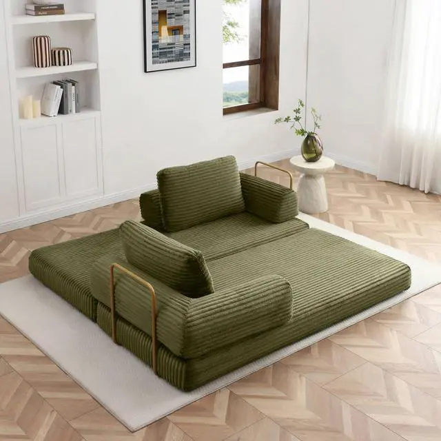 Alt view image 7 of 7 - 80 Convertible Sleeper Sofa Bed, High Back Plush Corduroy Boneless Futon Loveseat with Pull Out Bed, Fixed-Shape Folding Floor Mattress Couch, No Assembly Required (Green)