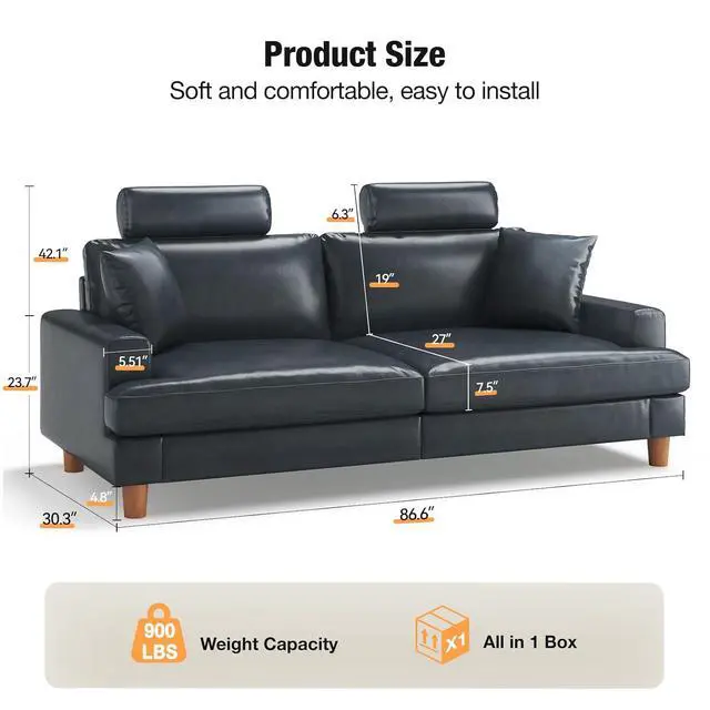 Alt view image 2 of 7 - 87" Sofa Premium PU Leather Couch with Headrest, Comfy 27" Extra Deep Seat 3 Seater Sofa for Living Room, Includes 2 Pillows, Gray
