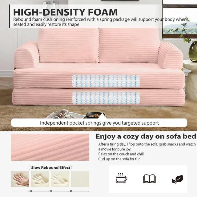 Alt view image 5 of 7 - 80 Convertible Sleeper Sofa Bed, High Back Plush Corduroy Boneless Futon Loveseat with Pull Out Bed, Fixed-Shape Folding Floor Mattress Couch, No Assembly Required (Pink)