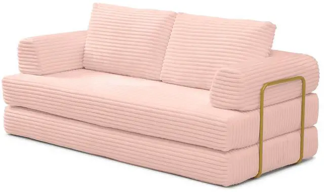 Alt view image 7 of 7 - 80 Convertible Sleeper Sofa Bed, High Back Plush Corduroy Boneless Futon Loveseat with Pull Out Bed, Fixed-Shape Folding Floor Mattress Couch, No Assembly Required (Pink)