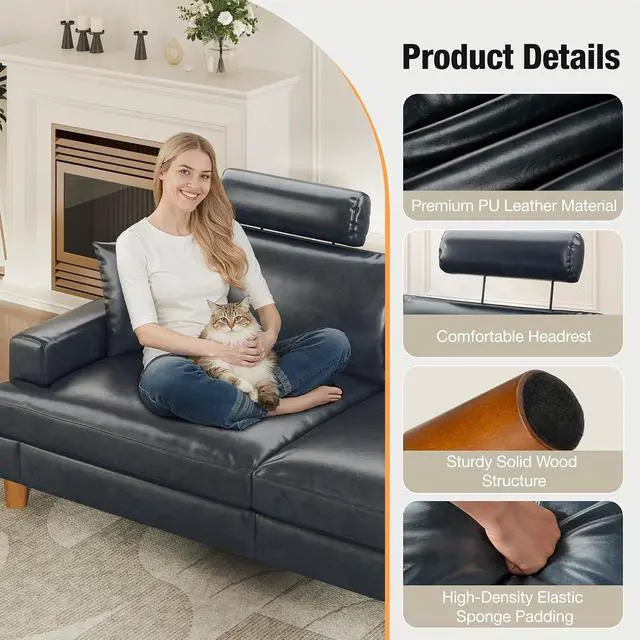 Alt view image 4 of 7 - 87" Sofa Premium PU Leather Couch with Headrest, Comfy 27" Extra Deep Seat 3 Seater Sofa for Living Room, Includes 2 Pillows, Gray