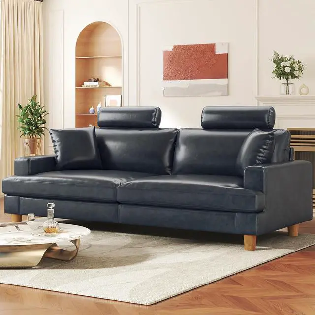 Main image of 87" Sofa Premium PU Leather Couch with Headrest, Comfy 27" Extra Deep Seat 3 Seater Sofa for Living Room, Includes 2 Pillows, Gray