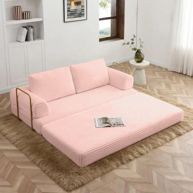 Alt view image 6 of 7 - 80 Convertible Sleeper Sofa Bed, High Back Plush Corduroy Boneless Futon Loveseat with Pull Out Bed, Fixed-Shape Folding Floor Mattress Couch, No Assembly Required (Pink)