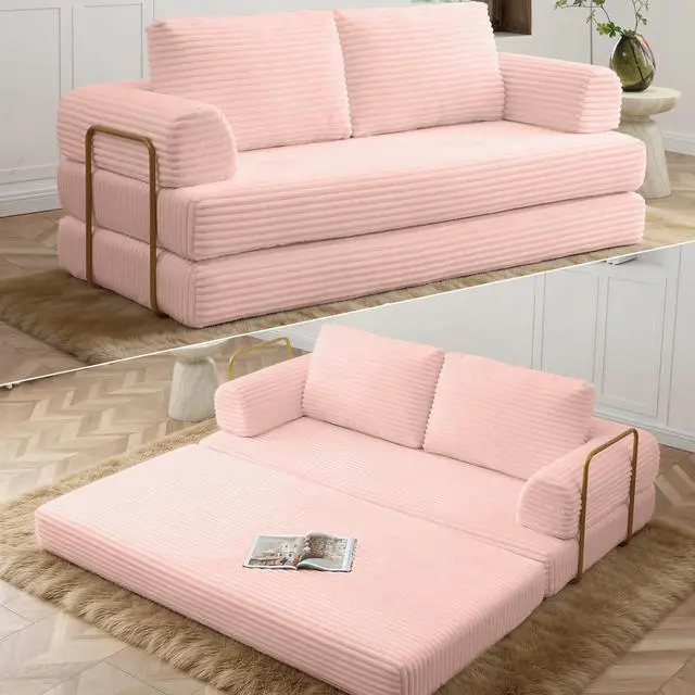 Main image of 80 Convertible Sleeper Sofa Bed, High Back Plush Corduroy Boneless Futon Loveseat with Pull Out Bed, Fixed-Shape Folding Floor Mattress Couch, No Assembly Required (Pink)