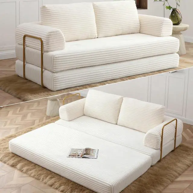 Main image of 80 Convertible Sleeper Sofa Bed, High Back Plush Corduroy Boneless Futon Loveseat with Pull Out Bed, Fixed-Shape Folding Floor Mattress Couch, No Assembly Required (Beige)