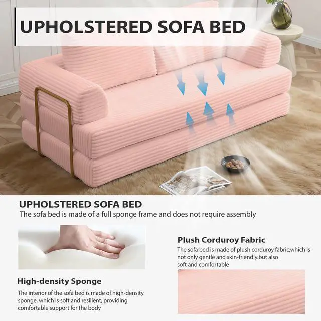 Alt view image 4 of 7 - 80 Convertible Sleeper Sofa Bed, High Back Plush Corduroy Boneless Futon Loveseat with Pull Out Bed, Fixed-Shape Folding Floor Mattress Couch, No Assembly Required (Pink)
