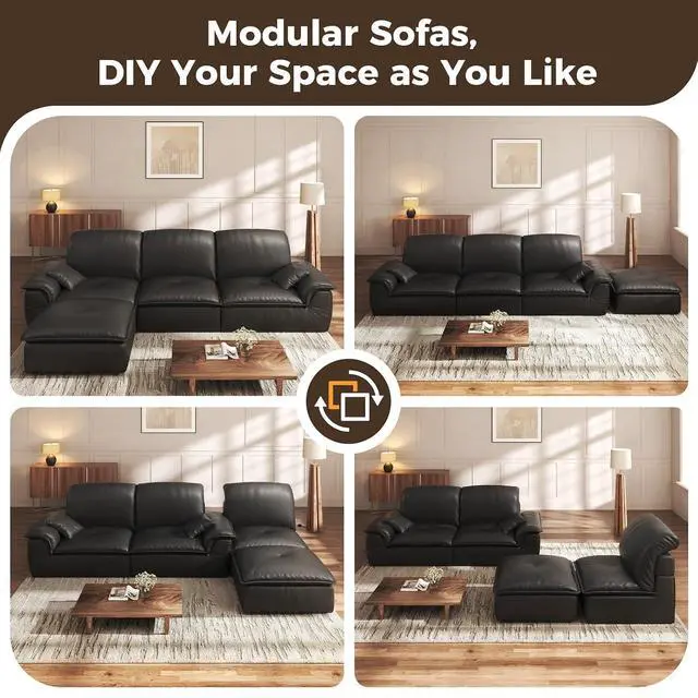 Alt view image 6 of 7 - Sectional Sofa, 110" L-Shaped Deep Seat Couch, Modular Sofa with Back Cushion for Living Room, PU Leather Boneless Sofa, No Assembly Required, Black