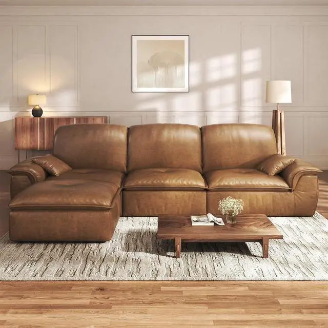 Alt view image 2 of 7 - Sectional Sofa, 110" L-Shaped Deep Seat Couch, Modular Sofa with Back Cushion for Living Room, PU Leather Boneless Sofa, No Assembly Required, Brown
