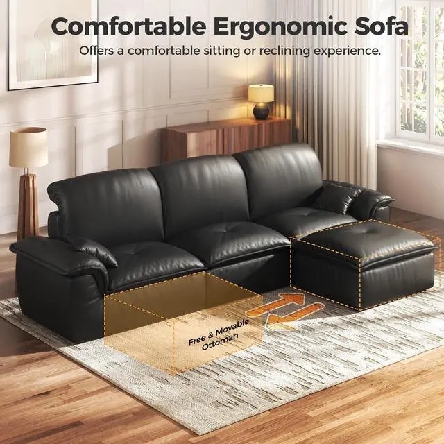Alt view image 5 of 7 - Sectional Sofa, 110" L-Shaped Deep Seat Couch, Modular Sofa with Back Cushion for Living Room, PU Leather Boneless Sofa, No Assembly Required, Black