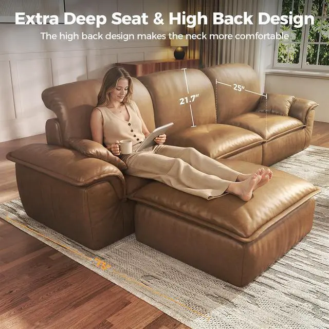 Alt view image 3 of 7 - Sectional Sofa, 110" L-Shaped Deep Seat Couch, Modular Sofa with Back Cushion for Living Room, PU Leather Boneless Sofa, No Assembly Required, Brown