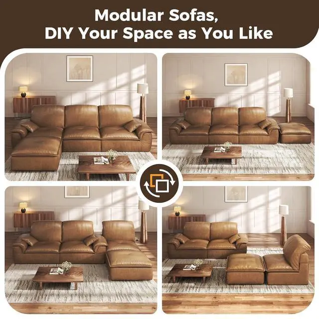 Alt view image 6 of 7 - Sectional Sofa, 110" L-Shaped Deep Seat Couch, Modular Sofa with Back Cushion for Living Room, PU Leather Boneless Sofa, No Assembly Required, Brown