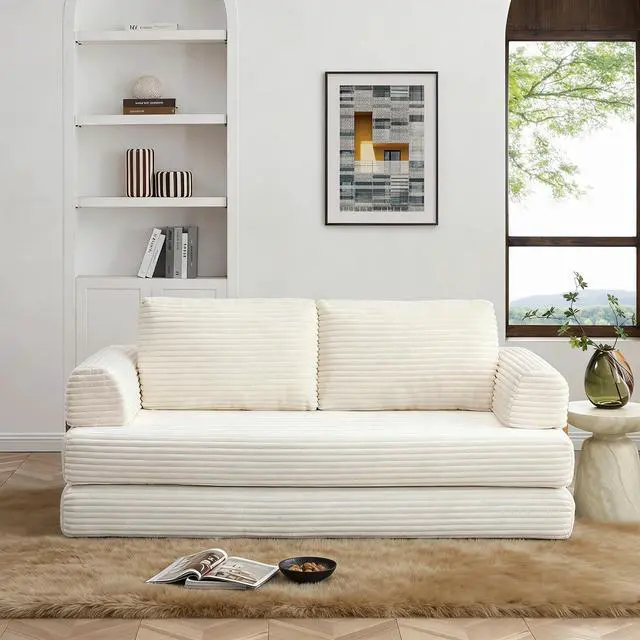 Alt view image 2 of 7 - 80 Convertible Sleeper Sofa Bed, High Back Plush Corduroy Boneless Futon Loveseat with Pull Out Bed, Fixed-Shape Folding Floor Mattress Couch, No Assembly Required (Beige)