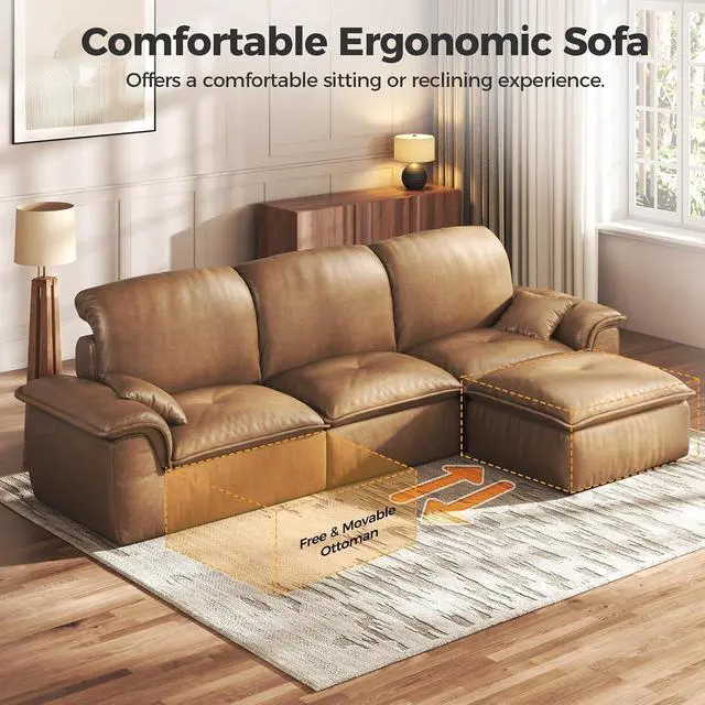 Alt view image 5 of 7 - Sectional Sofa, 110" L-Shaped Deep Seat Couch, Modular Sofa with Back Cushion for Living Room, PU Leather Boneless Sofa, No Assembly Required, Brown