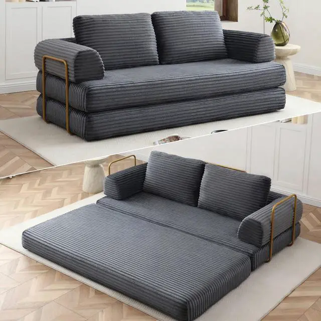 Main image of 80 Convertible Sleeper Sofa Bed, High Back Plush Corduroy Boneless Futon Loveseat with Pull Out Bed, Fixed-Shape Folding Floor Mattress Couch, No Assembly Required (Grey)