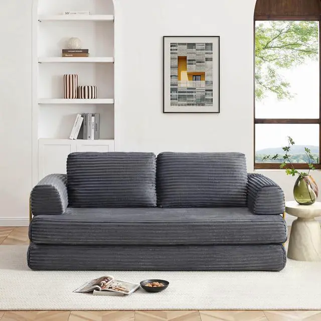 Alt view image 2 of 7 - 80 Convertible Sleeper Sofa Bed, High Back Plush Corduroy Boneless Futon Loveseat with Pull Out Bed, Fixed-Shape Folding Floor Mattress Couch, No Assembly Required (Grey)