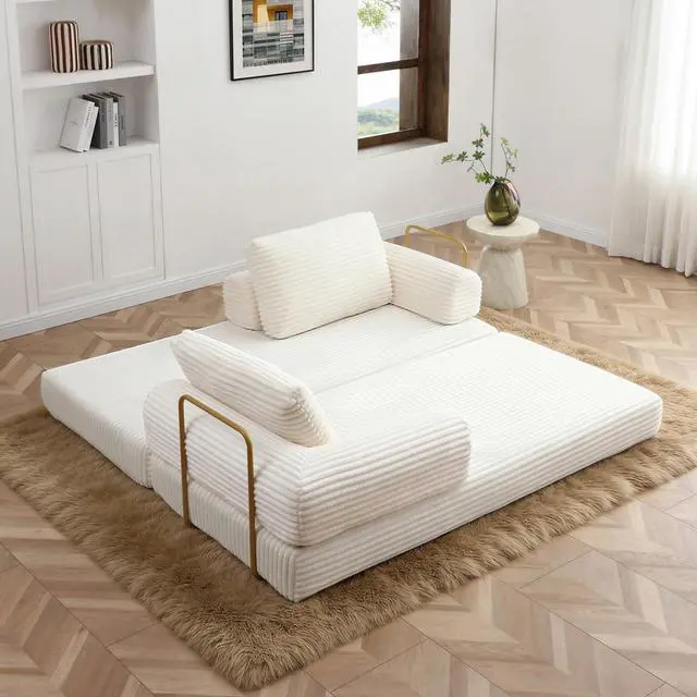 Alt view image 7 of 7 - 80 Convertible Sleeper Sofa Bed, High Back Plush Corduroy Boneless Futon Loveseat with Pull Out Bed, Fixed-Shape Folding Floor Mattress Couch, No Assembly Required (Beige)