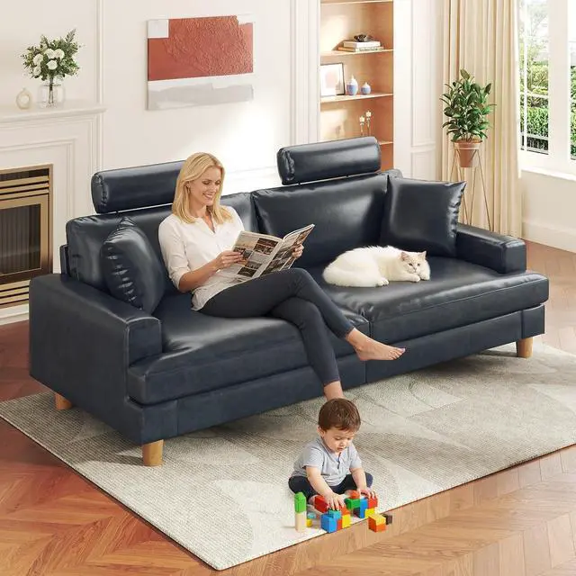 Alt view image 7 of 7 - 87" Sofa Premium PU Leather Couch with Headrest, Comfy 27" Extra Deep Seat 3 Seater Sofa for Living Room, Includes 2 Pillows, Gray
