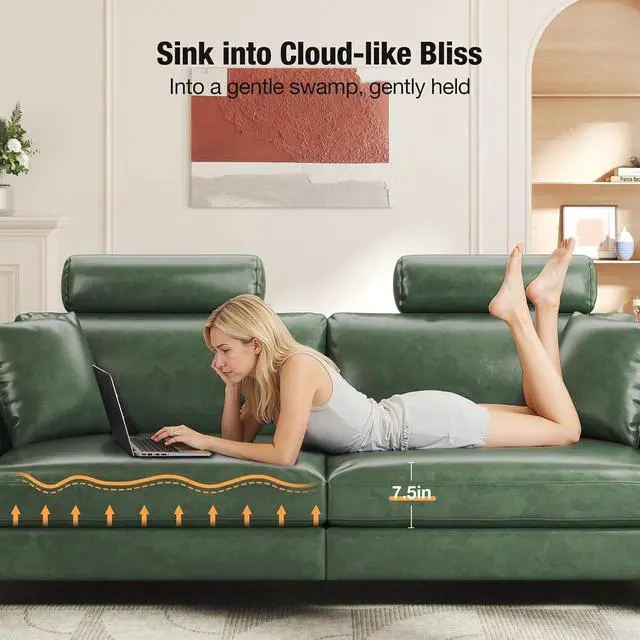 Alt view image 6 of 7 - 87" Couch Premium PU Leather Sofa with Headrest, Comfy 27" Extra Deep Seat 3 Seater Couch for Living Room, Includes 2 Pillows, Green