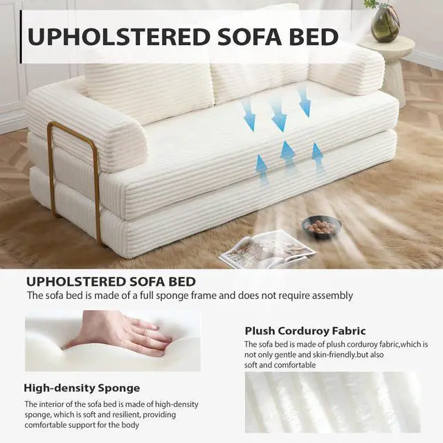 Alt view image 5 of 7 - 80 Convertible Sleeper Sofa Bed, High Back Plush Corduroy Boneless Futon Loveseat with Pull Out Bed, Fixed-Shape Folding Floor Mattress Couch, No Assembly Required (Beige)