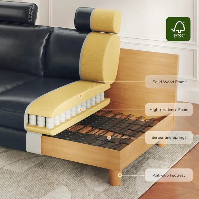 Alt view image 6 of 7 - 87" Sofa Premium PU Leather Couch with Headrest, Comfy 27" Extra Deep Seat 3 Seater Sofa for Living Room, Includes 2 Pillows, Gray
