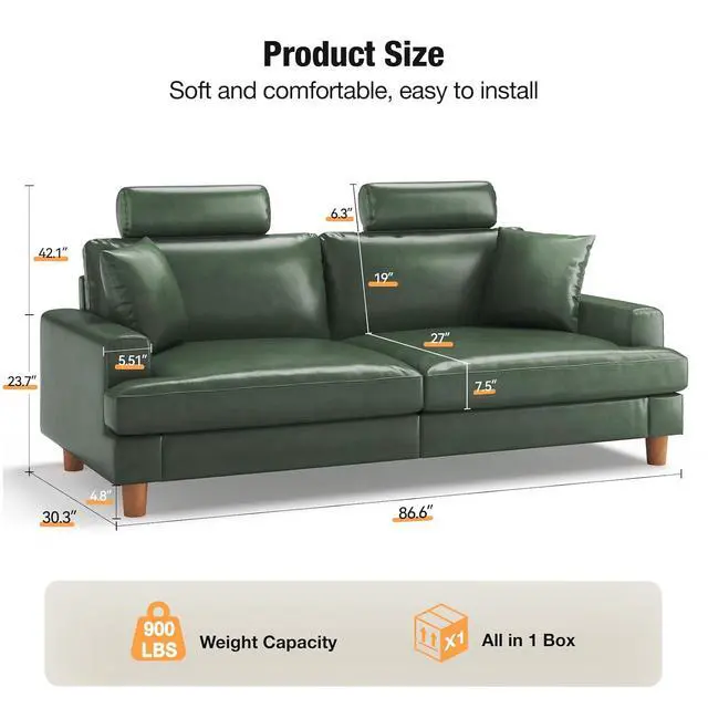 Alt view image 2 of 7 - 87" Couch Premium PU Leather Sofa with Headrest, Comfy 27" Extra Deep Seat 3 Seater Couch for Living Room, Includes 2 Pillows, Green