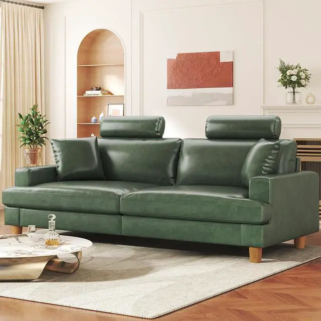 Main image of 87" Couch Premium PU Leather Sofa with Headrest, Comfy 27" Extra Deep Seat 3 Seater Couch for Living Room, Includes 2 Pillows, Green