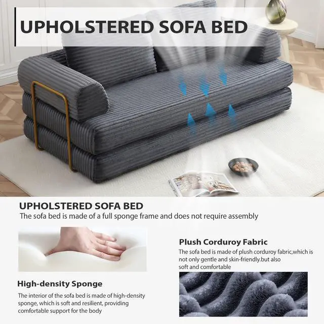 Alt view image 5 of 7 - 80 Convertible Sleeper Sofa Bed, High Back Plush Corduroy Boneless Futon Loveseat with Pull Out Bed, Fixed-Shape Folding Floor Mattress Couch, No Assembly Required (Grey)