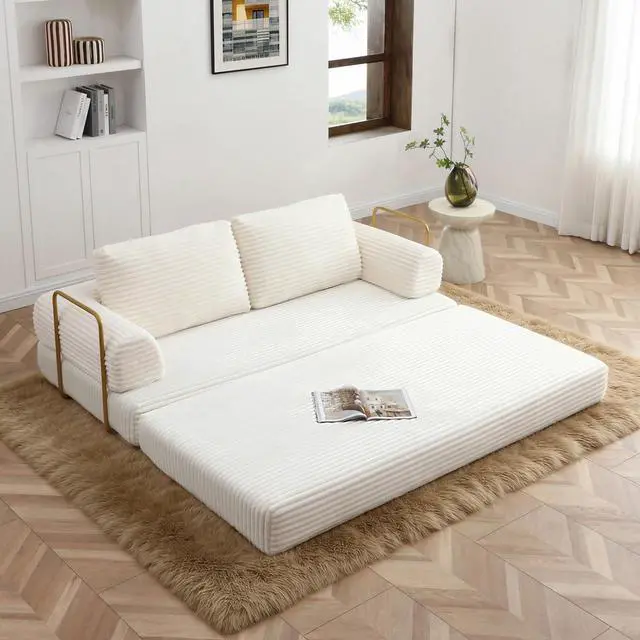 Alt view image 6 of 7 - 80 Convertible Sleeper Sofa Bed, High Back Plush Corduroy Boneless Futon Loveseat with Pull Out Bed, Fixed-Shape Folding Floor Mattress Couch, No Assembly Required (Beige)